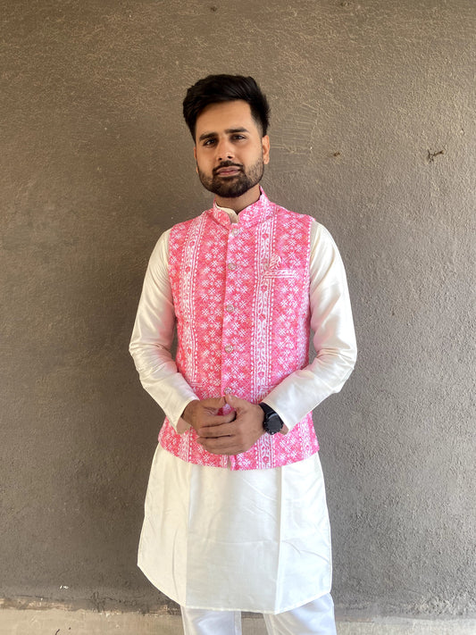 Men modern kurta pajama with jacket for wedding
