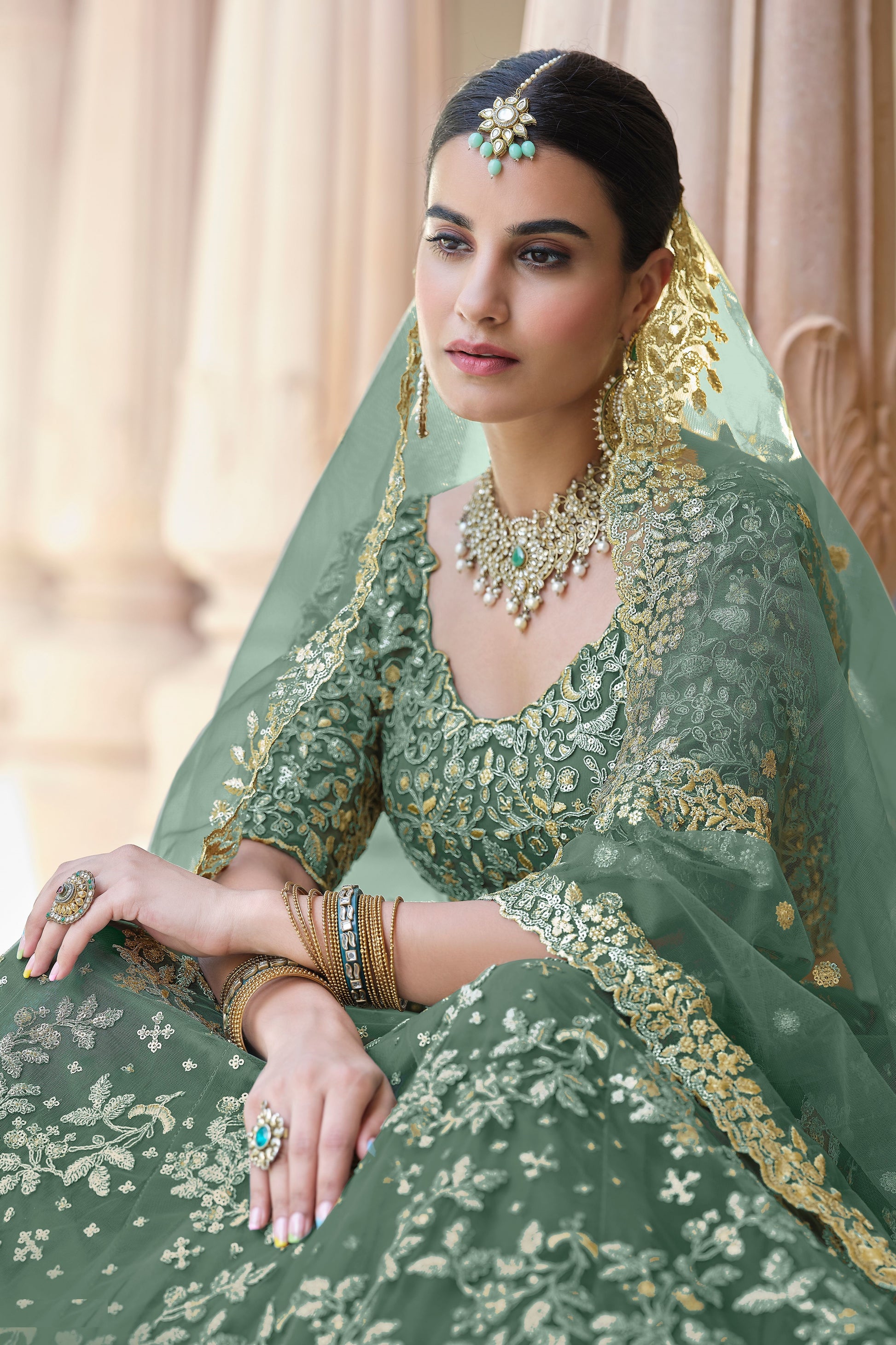 rama green color lehenga choli Mehendi Wear