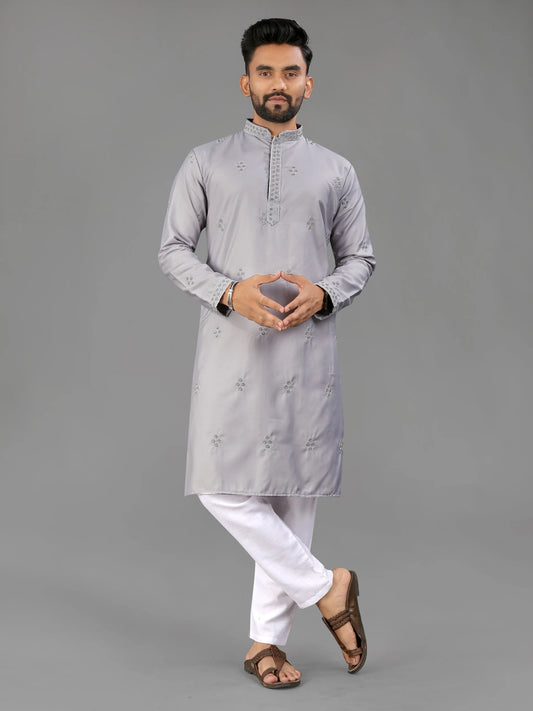 Grey Cotton Mens Kurta Pajama with Val Moti Work