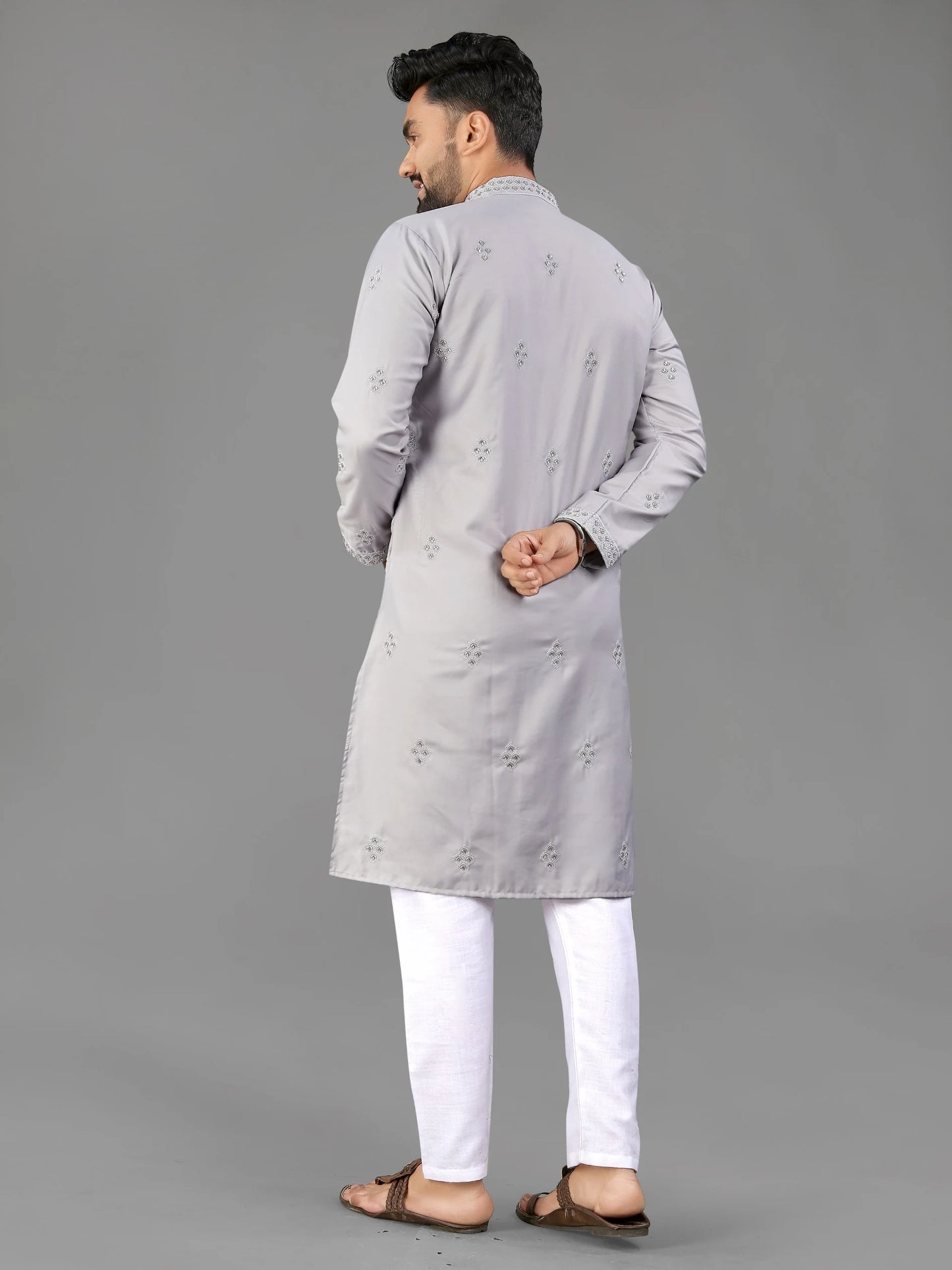 Grey Cotton Mens Kurta Pajama with Val Moti Work