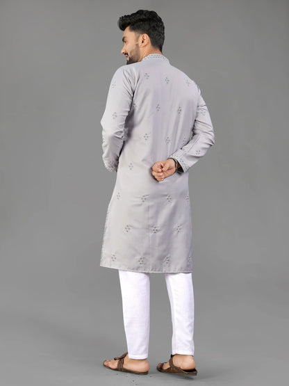Grey Cotton Mens Kurta Pajama with Val Moti Work