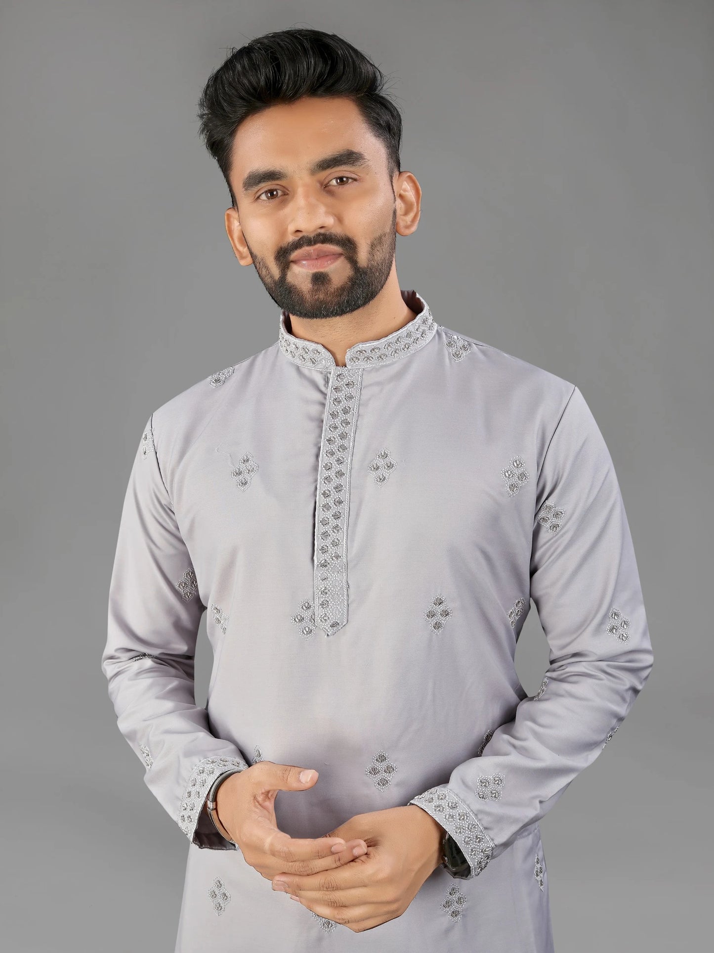 Grey Cotton Mens Kurta Pajama with Val Moti Work