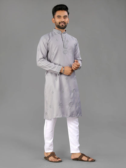 Grey Cotton Mens Kurta Pajama with Val Moti Work