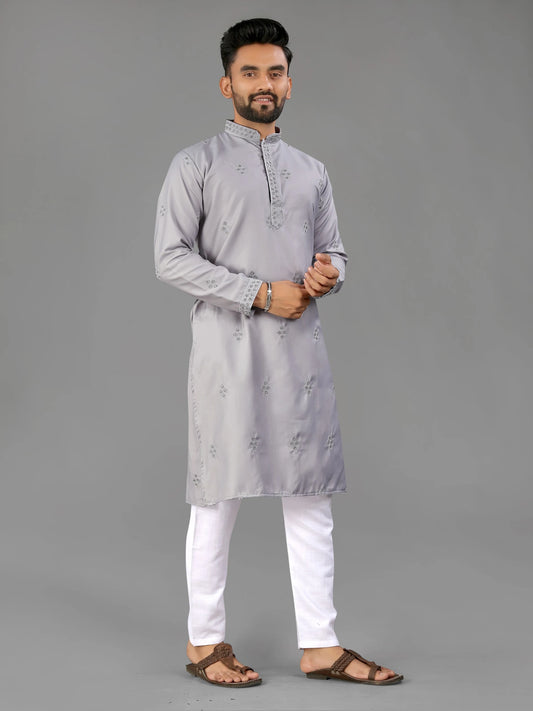 Grey Cotton Mens Kurta Pajama with Val Moti Work