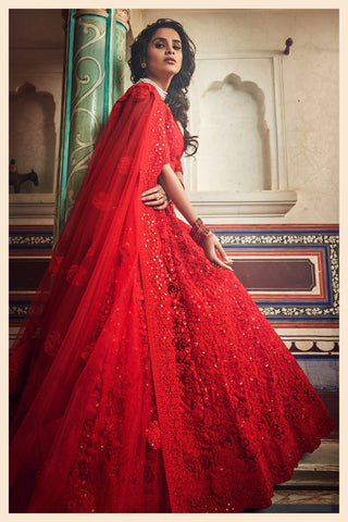 red lehenga party wear