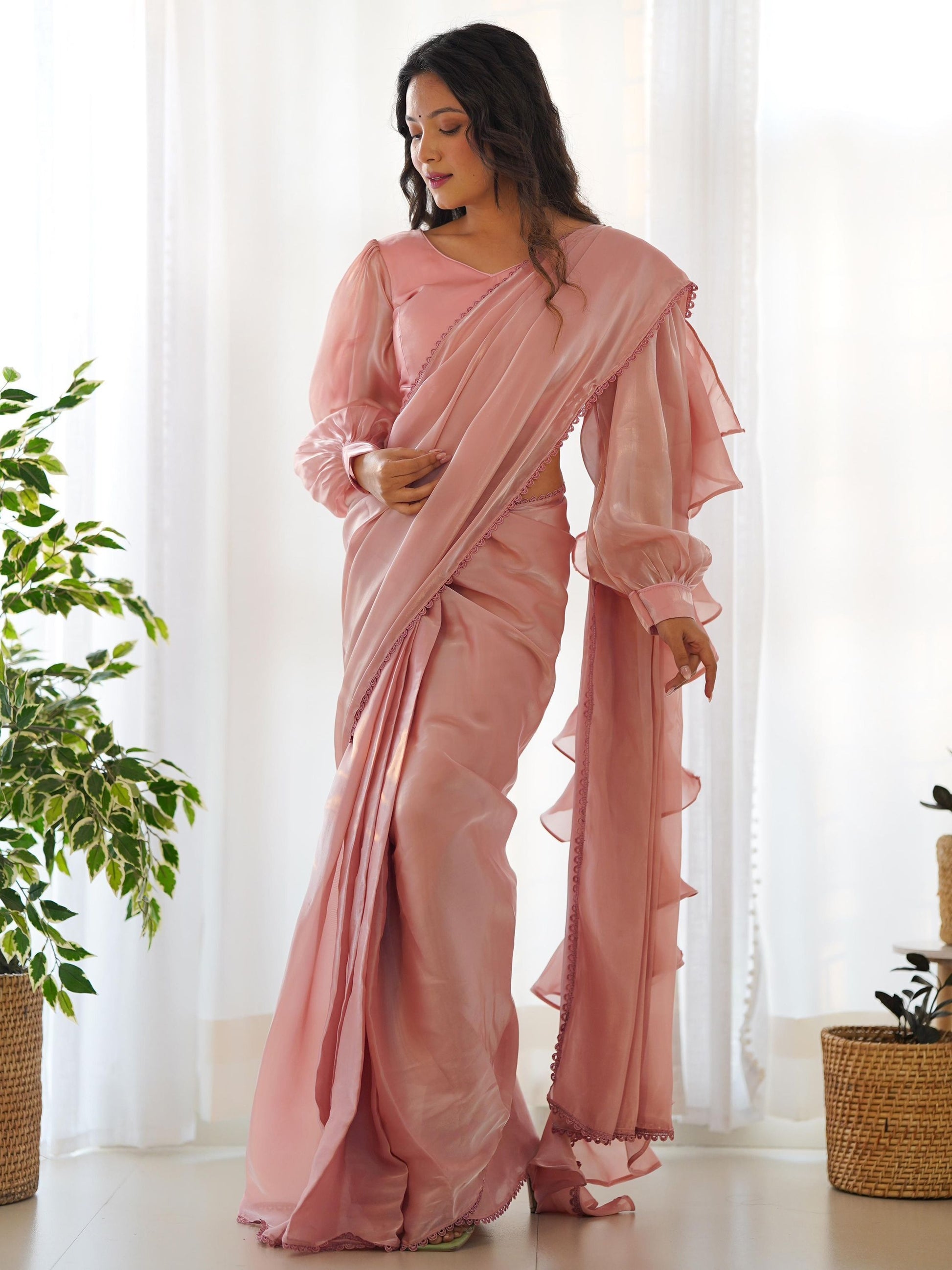 Peach color jimmy choo saree for wedding
