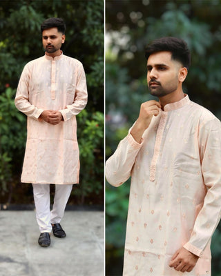 Peach color silk embroidery work kurta pajama set online shopping