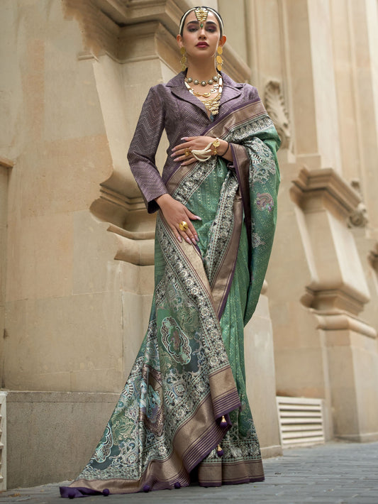 Green color poly viscose silk  saree for women