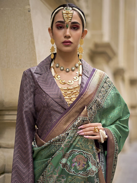 Green color poly viscose silk  saree for wedding