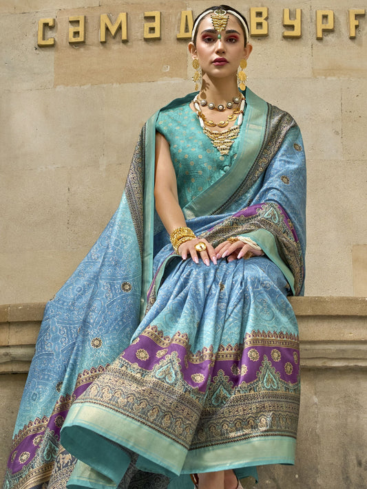Sky color poly viscose silk saree online