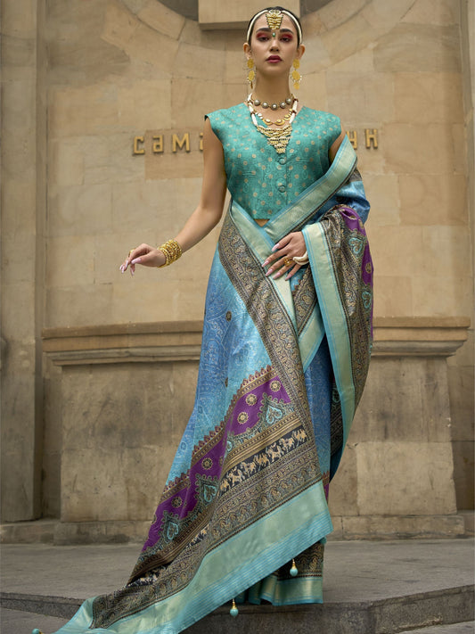 Sky color poly viscose silk saree with blouse