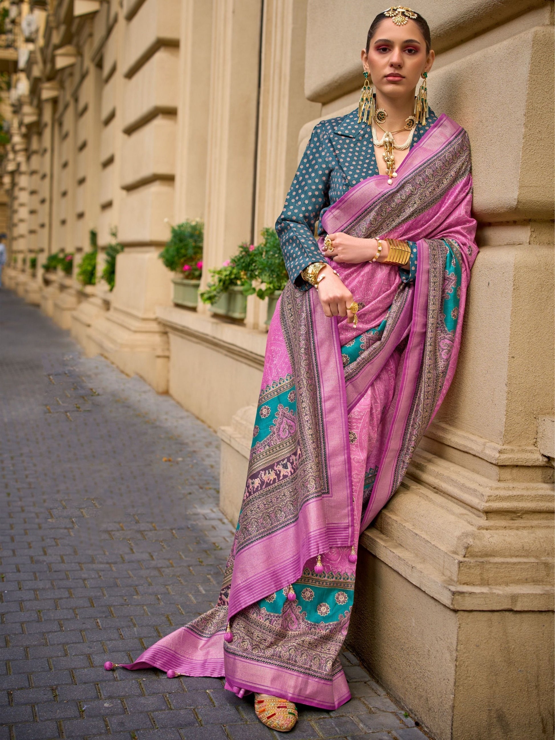 Pink color poly viscose silk saree 