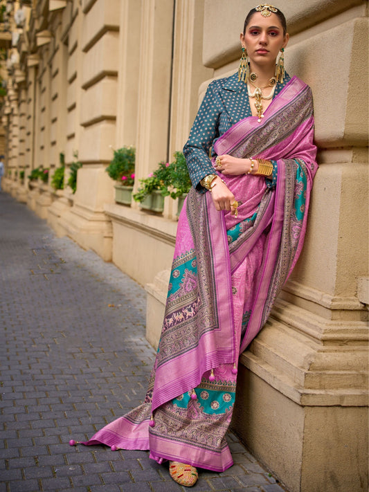 Pink color poly viscose silk saree 