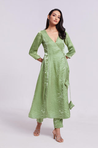 Green Organza Festival Wear Top With Pant