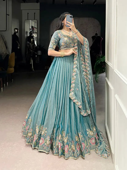 Sea blue color zari shimmer lehenga 
