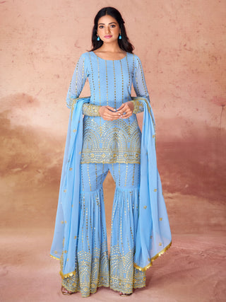 Sky Blue color gorgette sharara suit