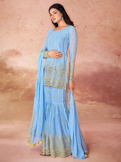  Sky Blue color gorgette sharara suit for wedding wear