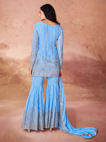 Embroidery Sky Blue color gorgette sharara suit