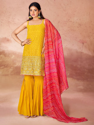 Mustard georgette sharara suit for women with dupatta
