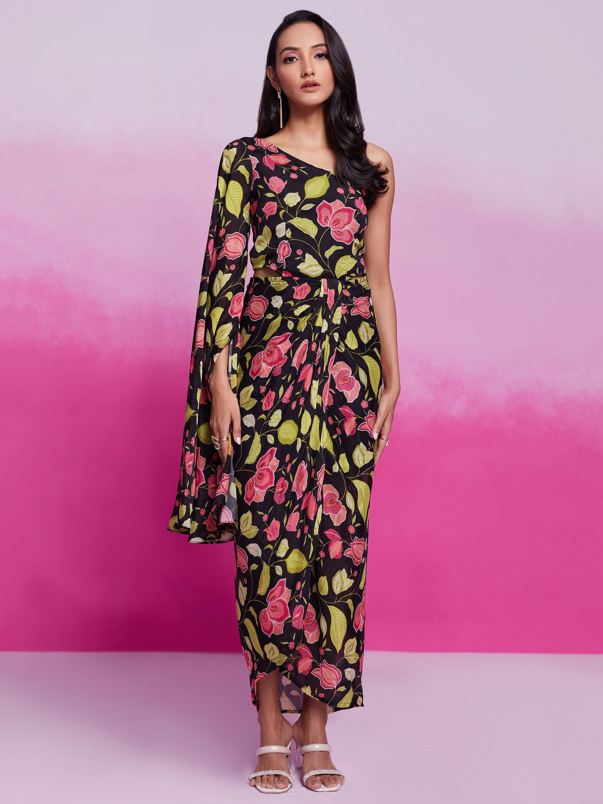 Black color chinon silk printed co-ord set online