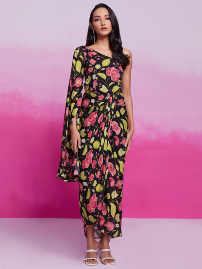 Black color chinon silk printed co-ord set online