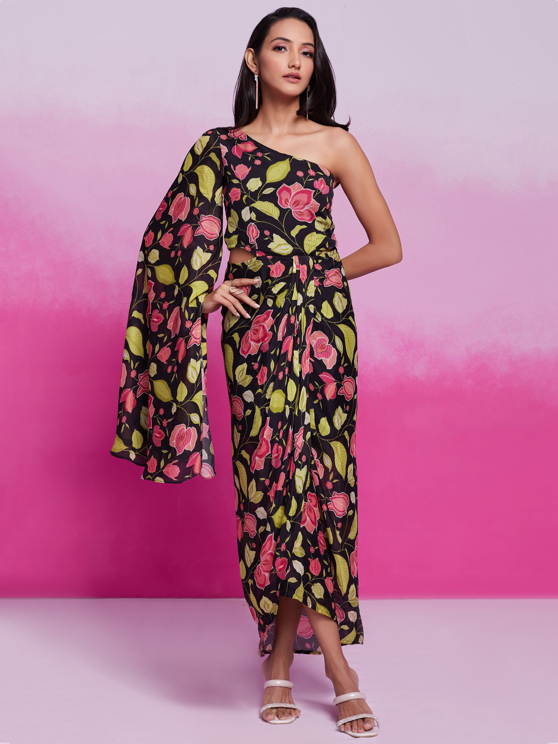 Black color chinon silk printed co-ord set images