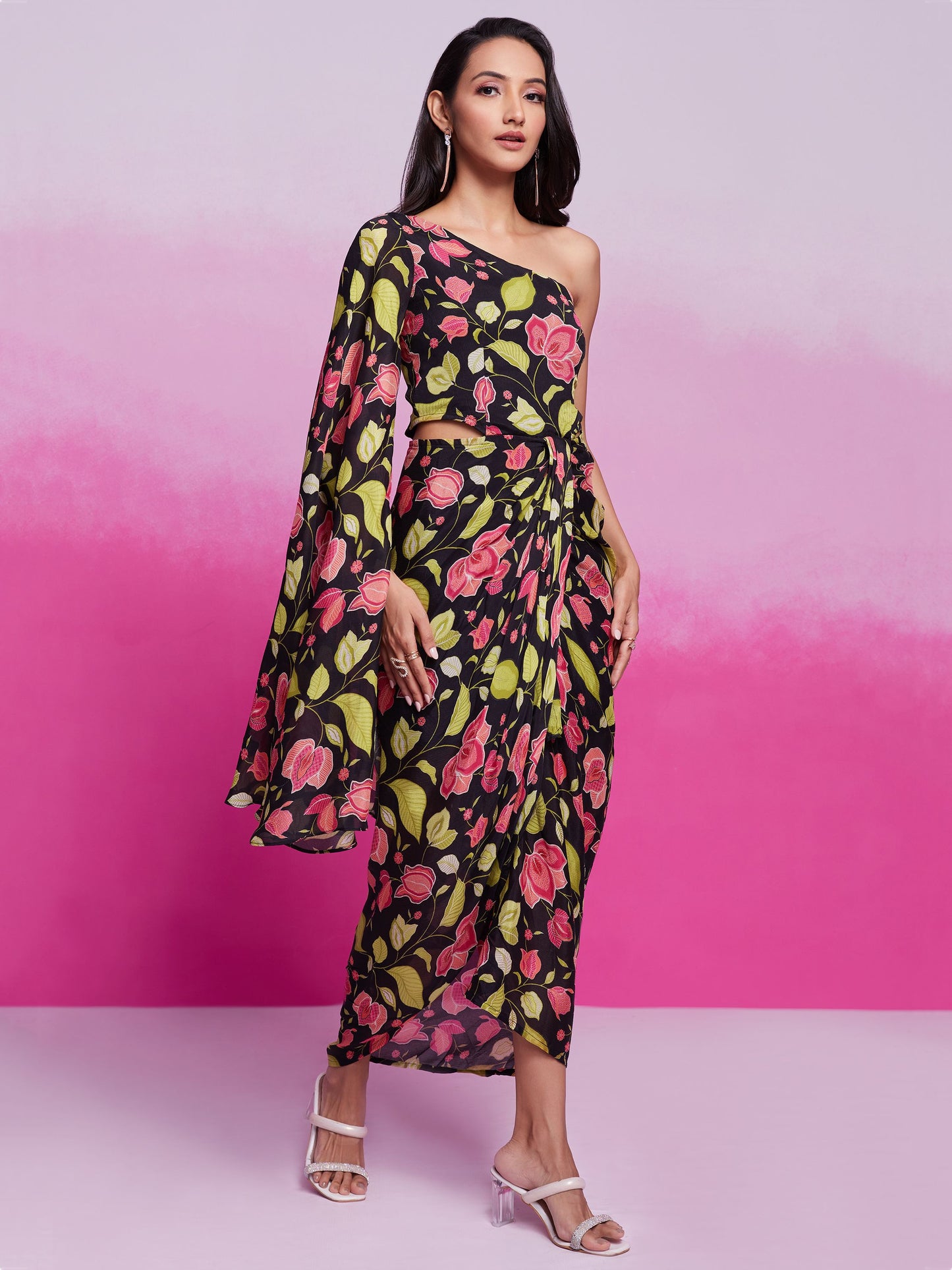 Black color chinon silk printed co-ord set online shopping