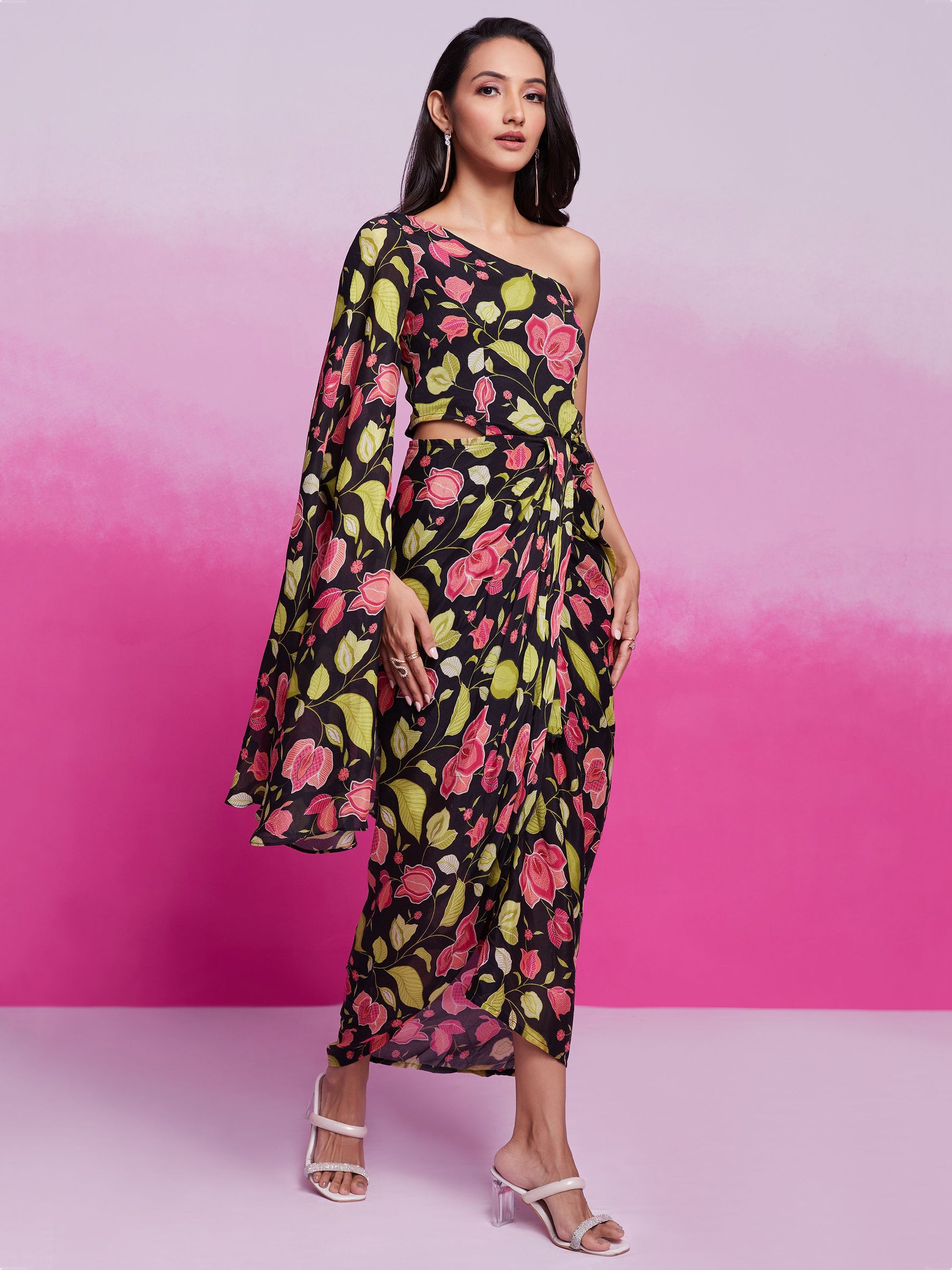 Black color chinon silk printed co-ord set online shopping
