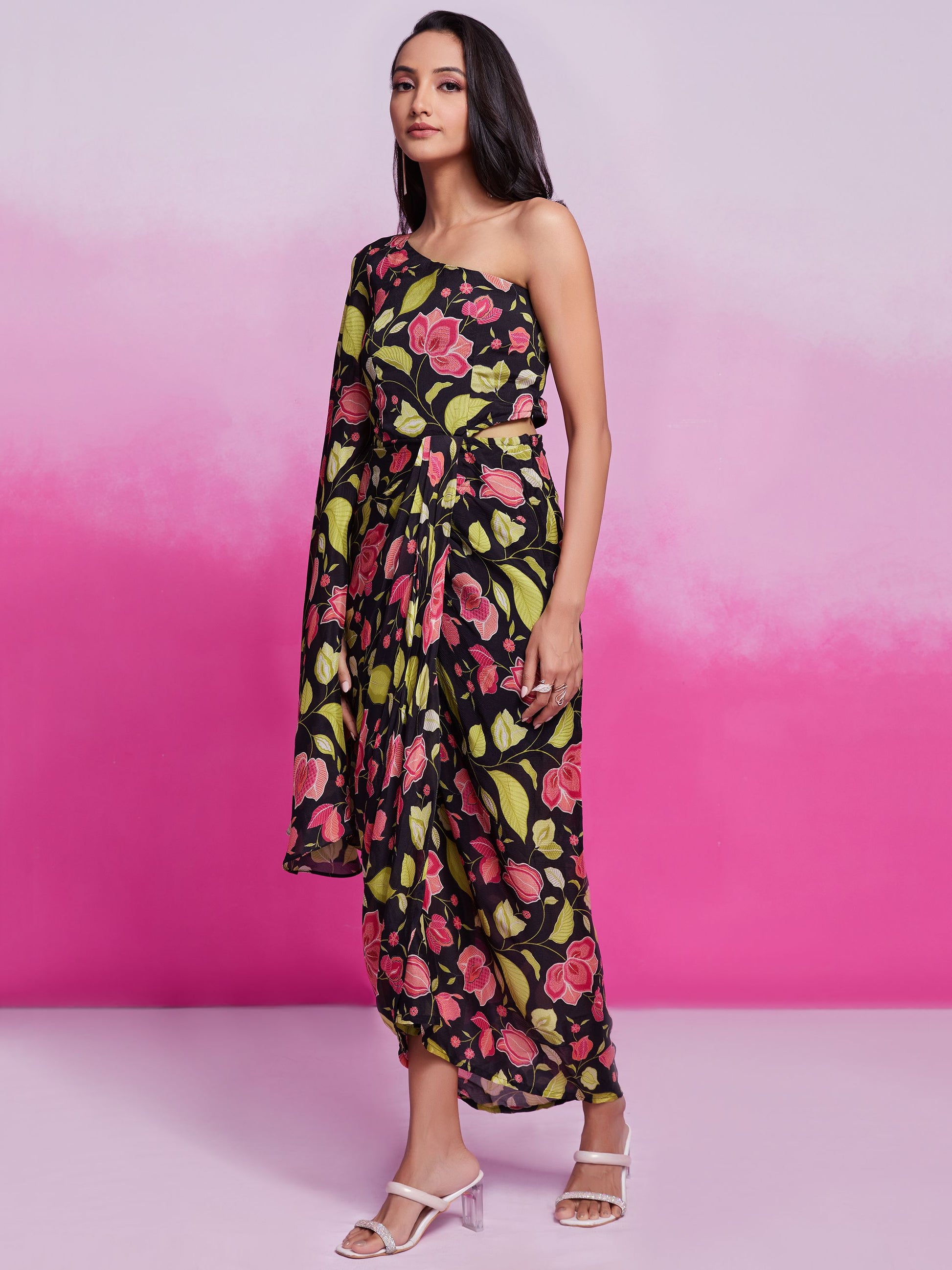 Black color chinon silk printed co-ord set design
