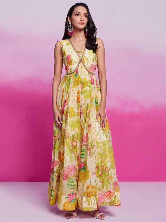 Cream color organza printed long gown 