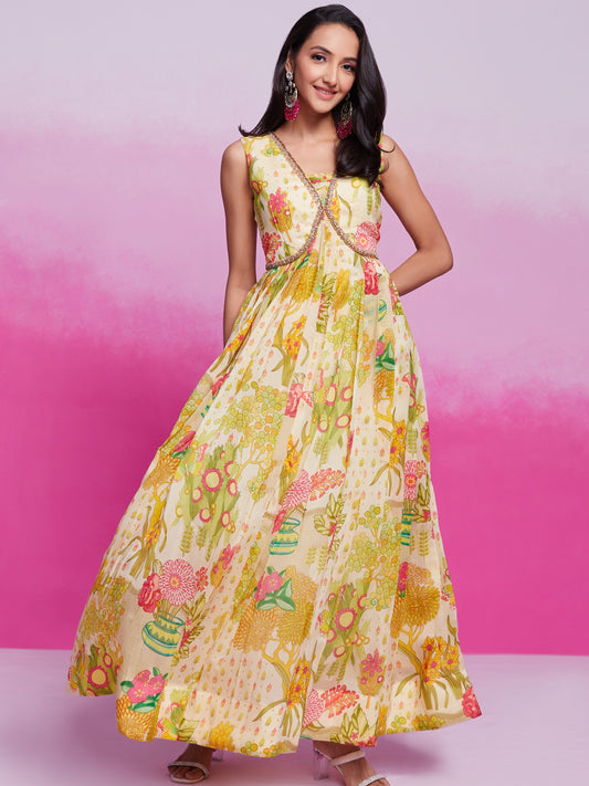 Cream color organza printed gown for women
