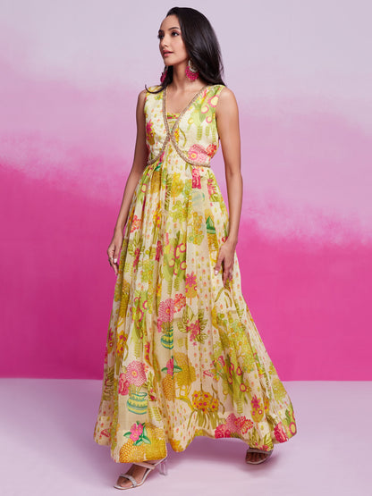 Cream color organza printed gown price