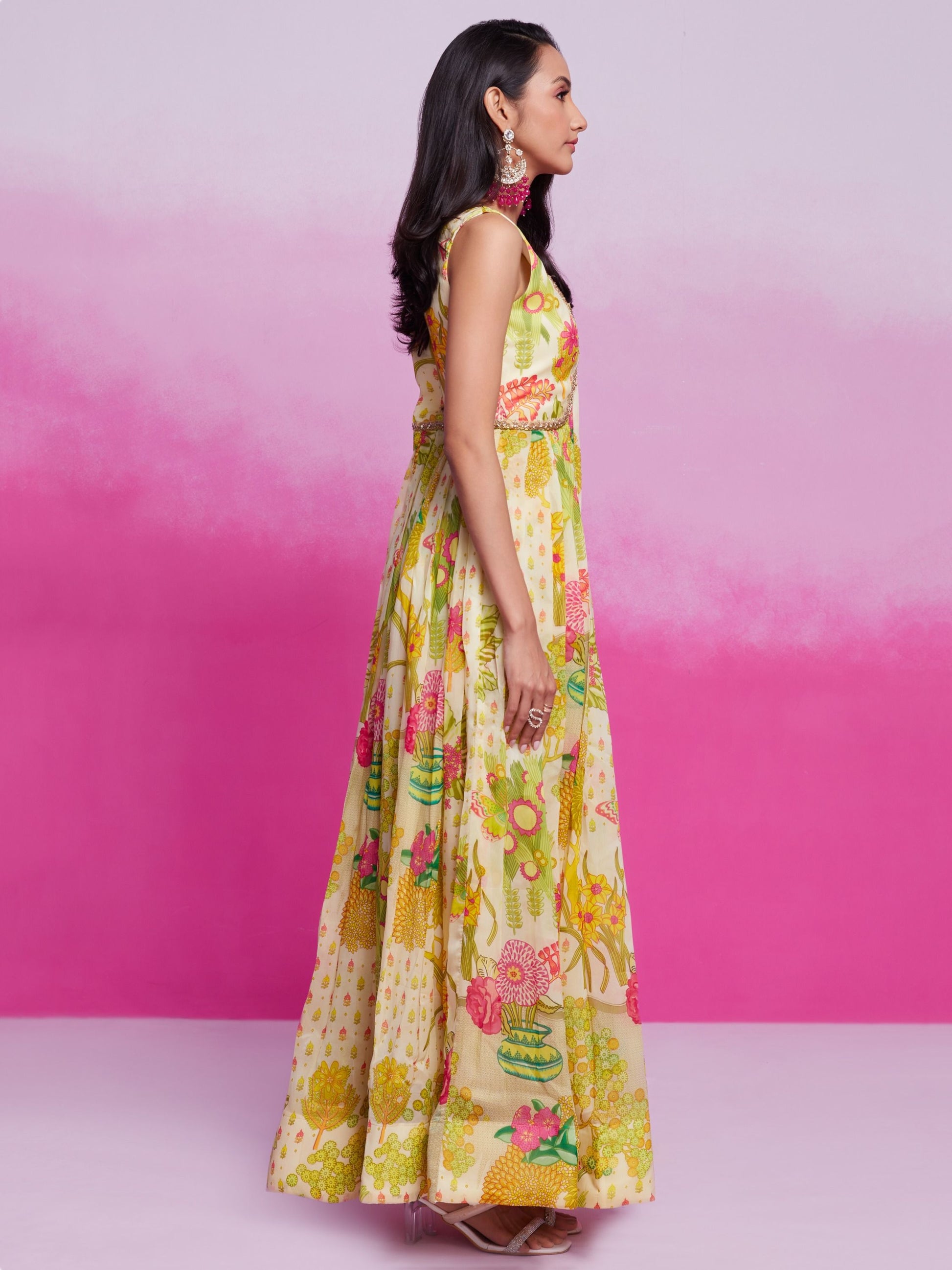 Cream color organza printed gown online shopping