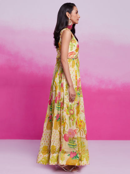 Cream color organza printed gown online shopping
