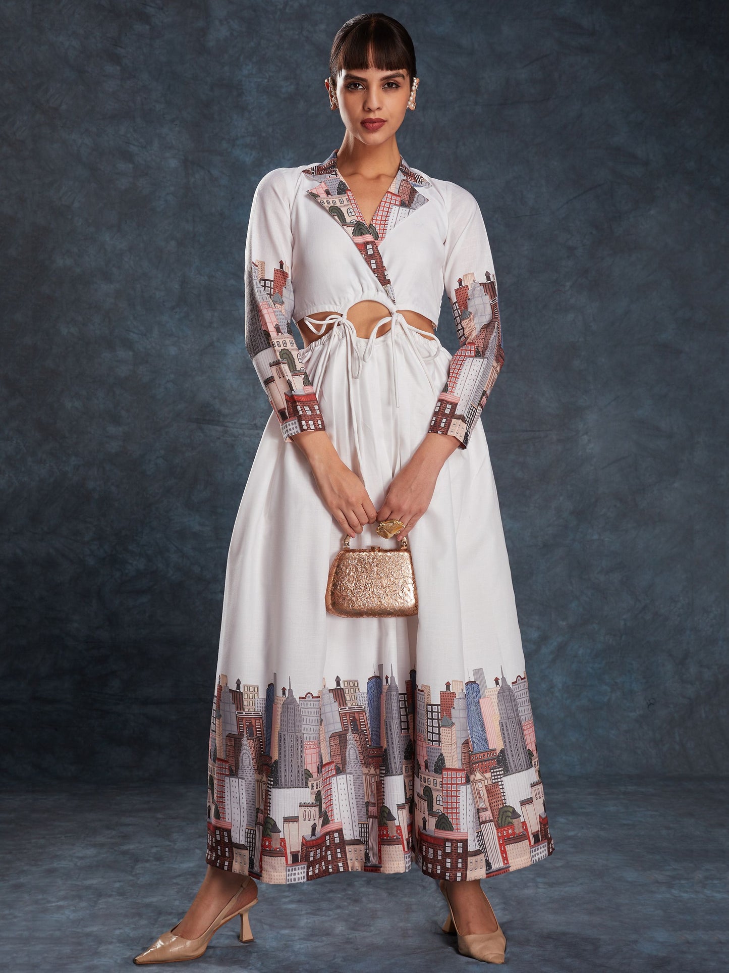 white color linen printed maxi for women