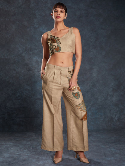 Brown color linen printed top and pant with online