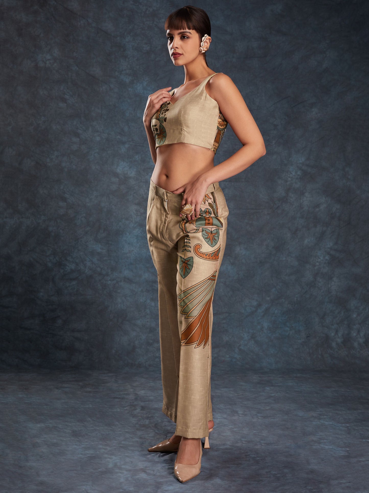 Brown color linen printed top and pant images