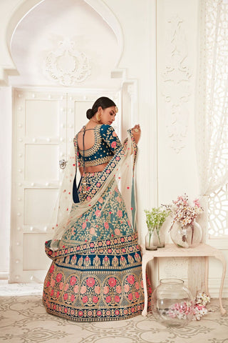 slub silk blue lehenga  With Off White Dupatta