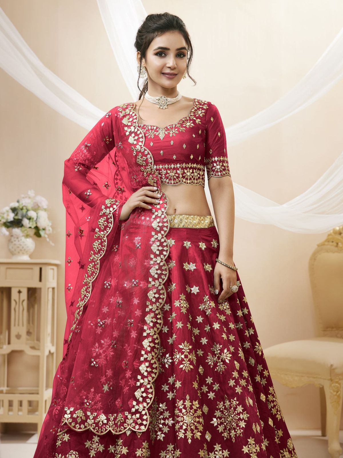 Red art silk lehenga for wedding