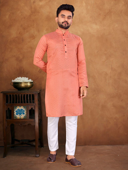 Peach color jacquard silk kurta in usa