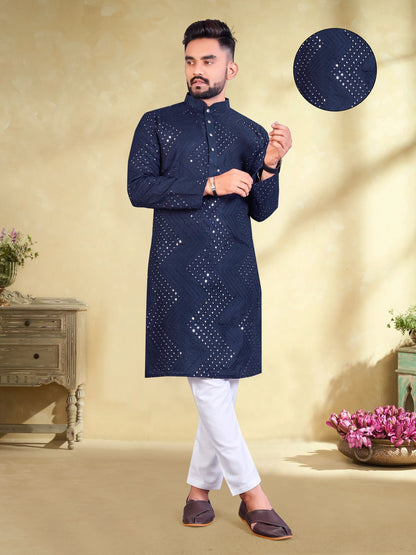 Miror work blue color kurta for party
