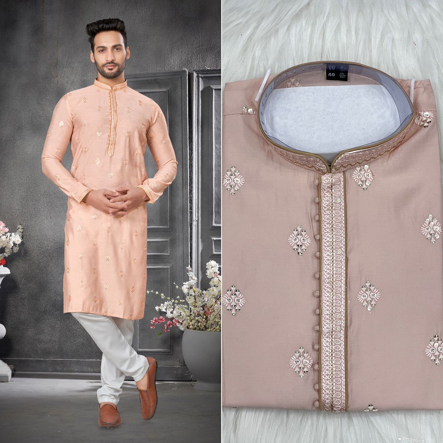 Long sleeve silk kurta pajama for men
