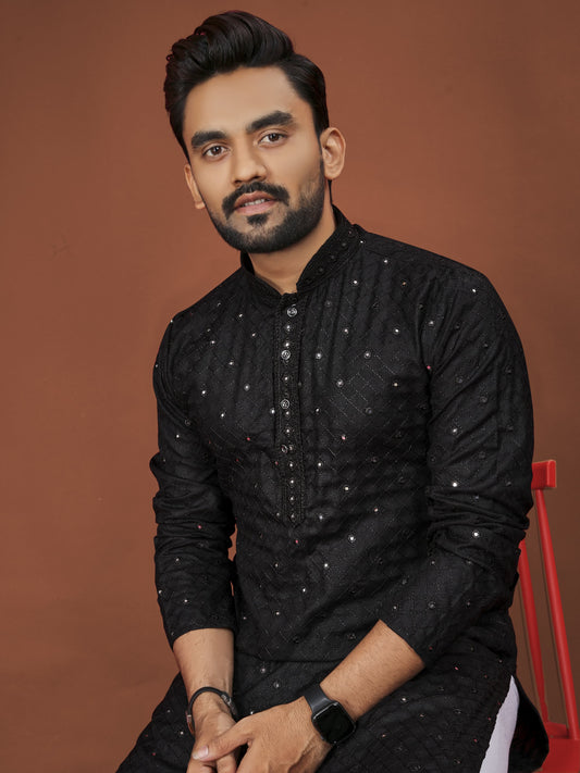Soft Cotton Men Kurta Pajama Set with Mirror Embroidery Kurtas
