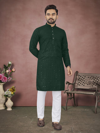 Green Lakhanwi Sequences Work Kurta Set for Men