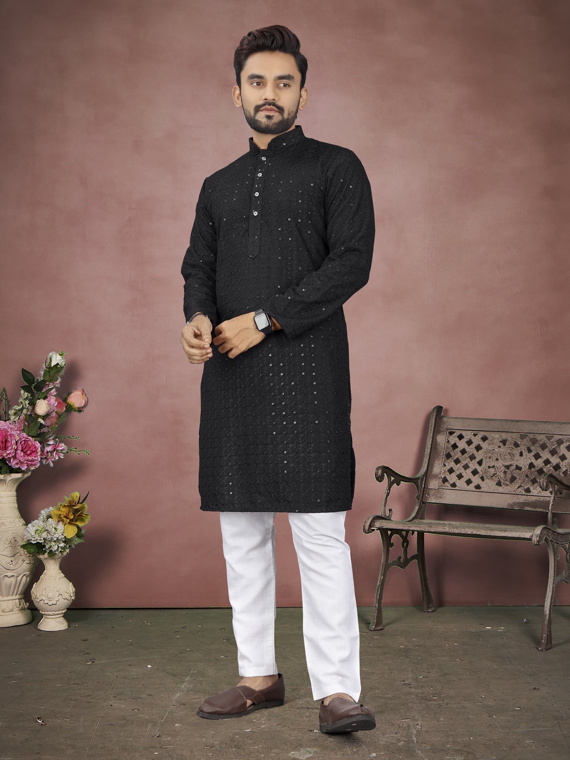Black wedding wear sequins work kurta