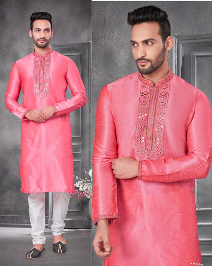 Pink color embroidery work kurta