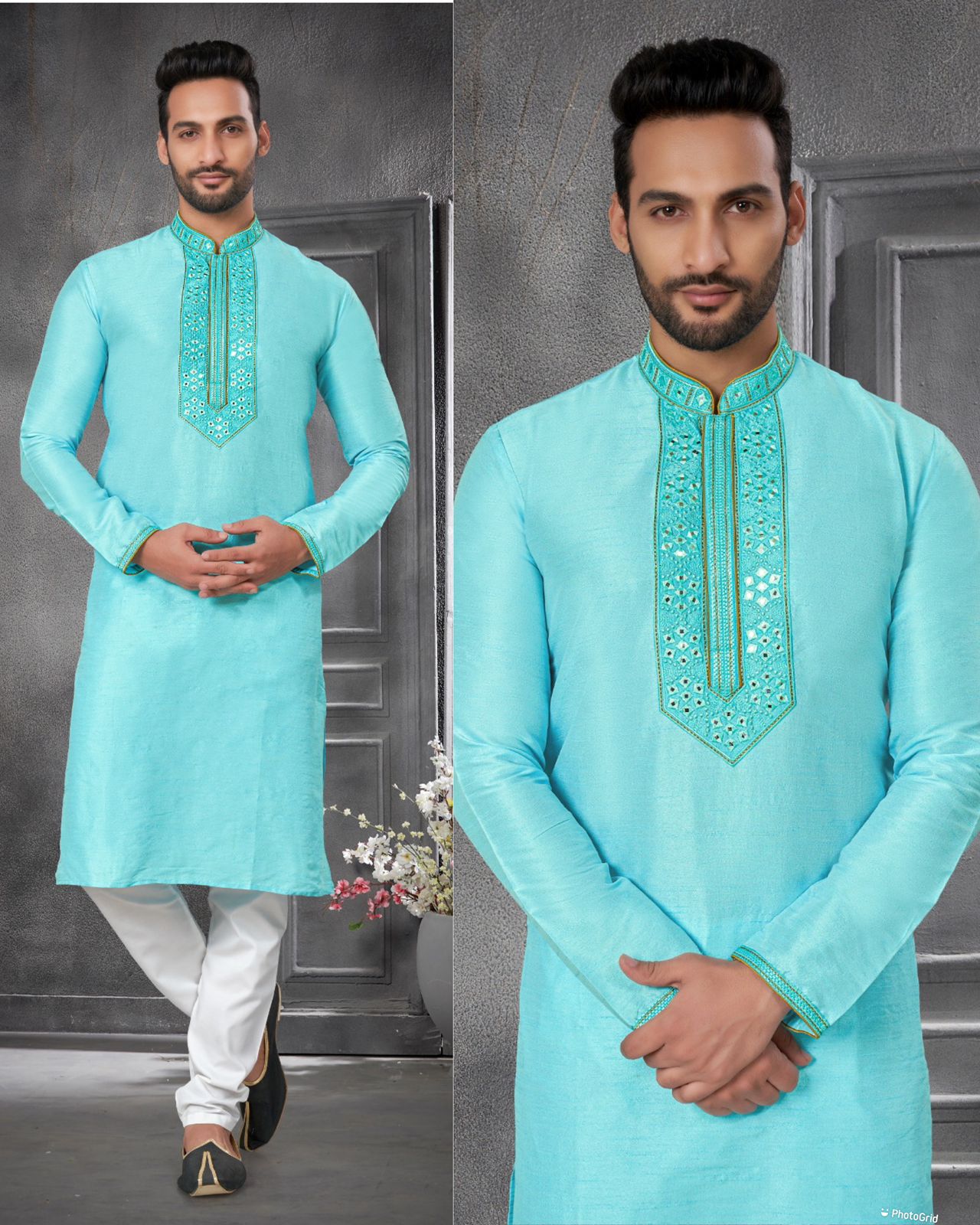 Long sleeve silk kurta pajama for men

