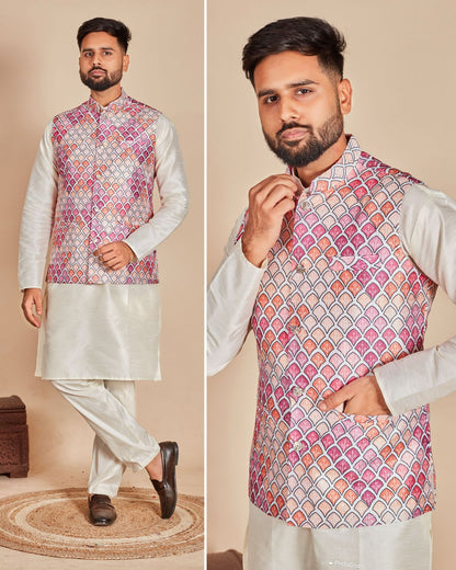 White kurta pajama with jacket for party
