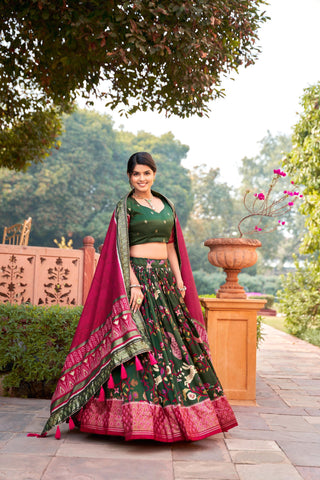 Green Silk patola foil print design lehenga choli with price