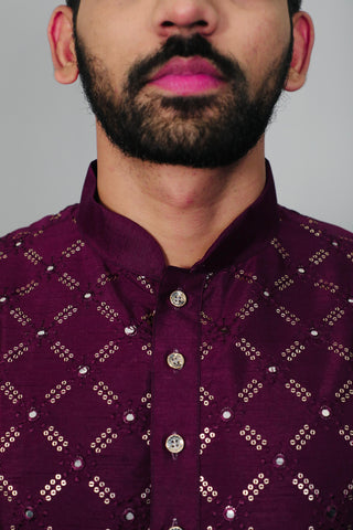 Beautiful Embroidery Sequins Work Mens Kurta Pajama